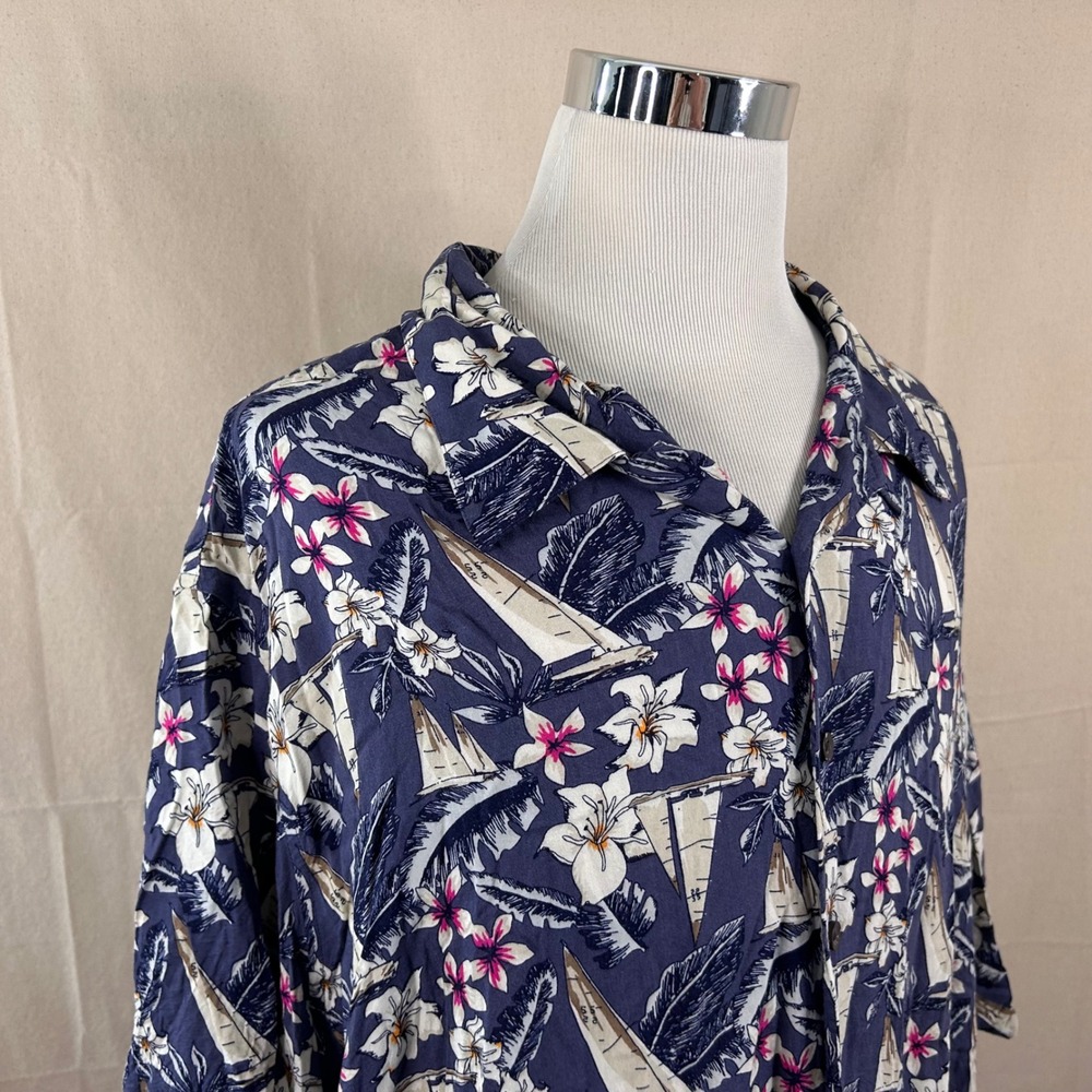 Island Passport 4XL Hawaiian Aloha Shirt Blue Floral Sailboat Rayon Mens